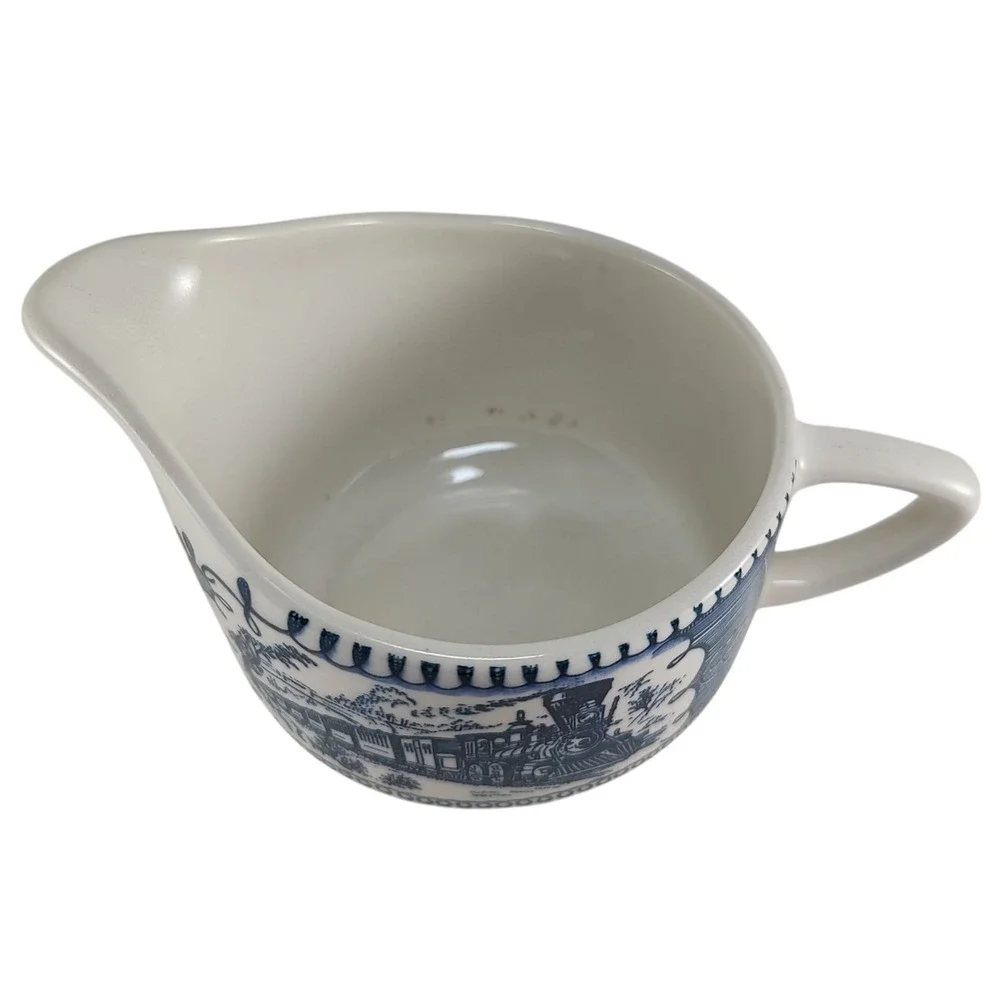 Vintage Currier and Ives Creamer Locomotive Blue White Mid Century Modern‎ SEE